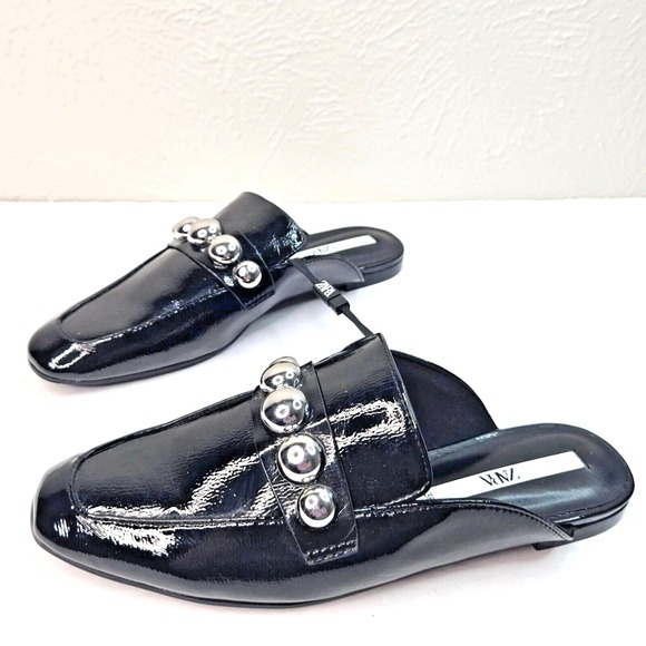 Zara Shoes - Zara Square Toe Mule Shoes Size 6 Patent Leather Studded Slip On Preppy Loafers
